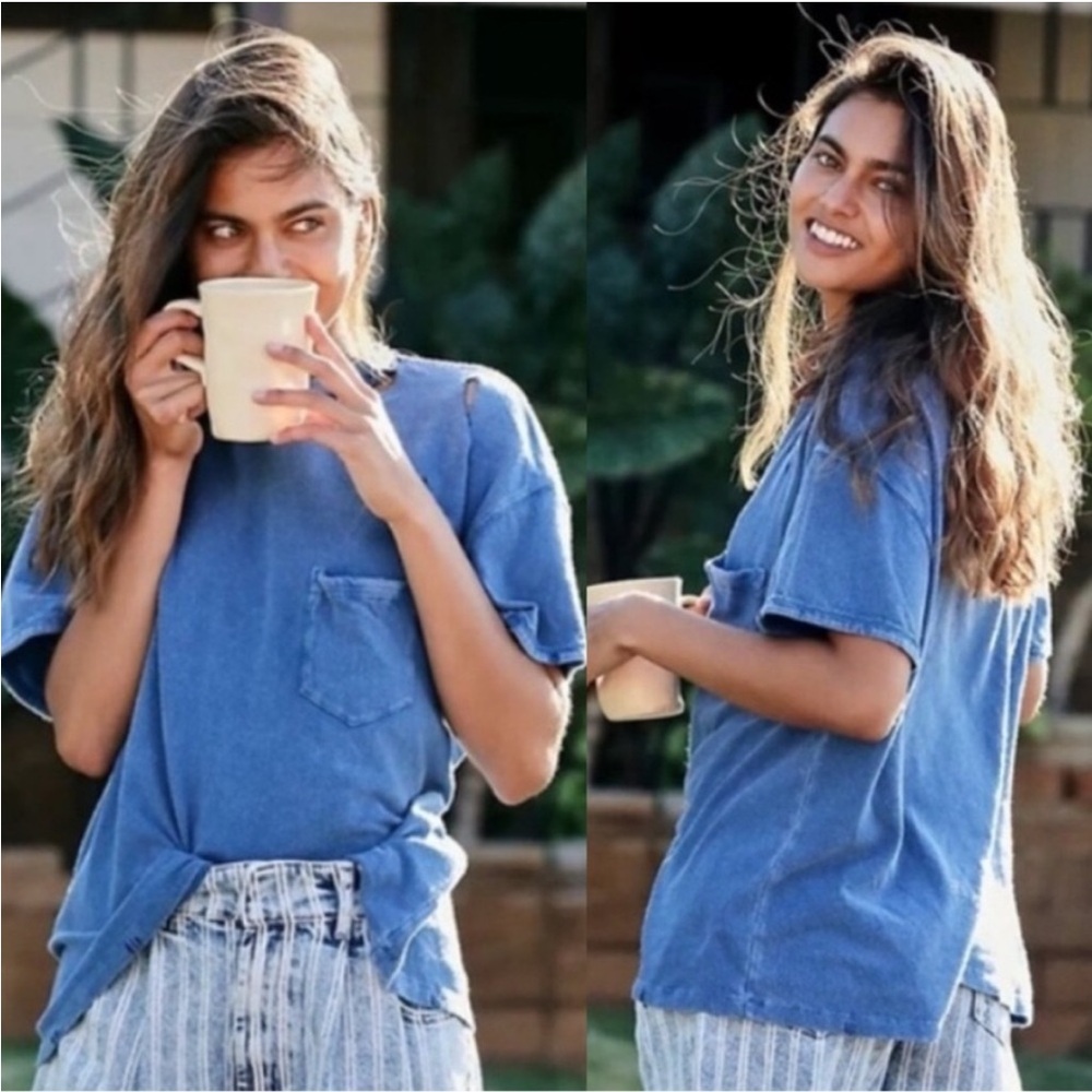 NWT Free People Rubi Distressed Oversized Tee Belle Blue Size Small 100% cotton